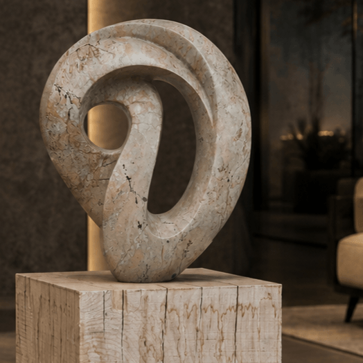 Stone carving on a plinth situated in a hotel lobby