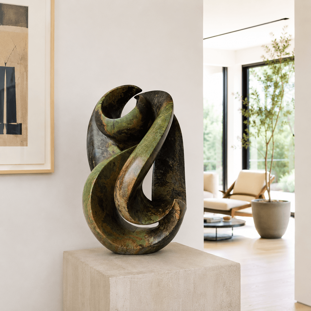 Home sculpture for interior designed living space displayed on a plinth
