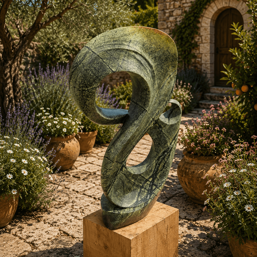 Abstract sculpture in a garden setting with stone walls and plants.
