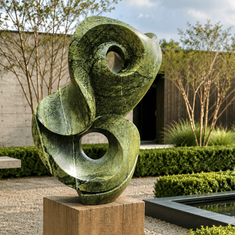 Garden hand carved shone sculpture on oak plinth set in  
a contemporary garden