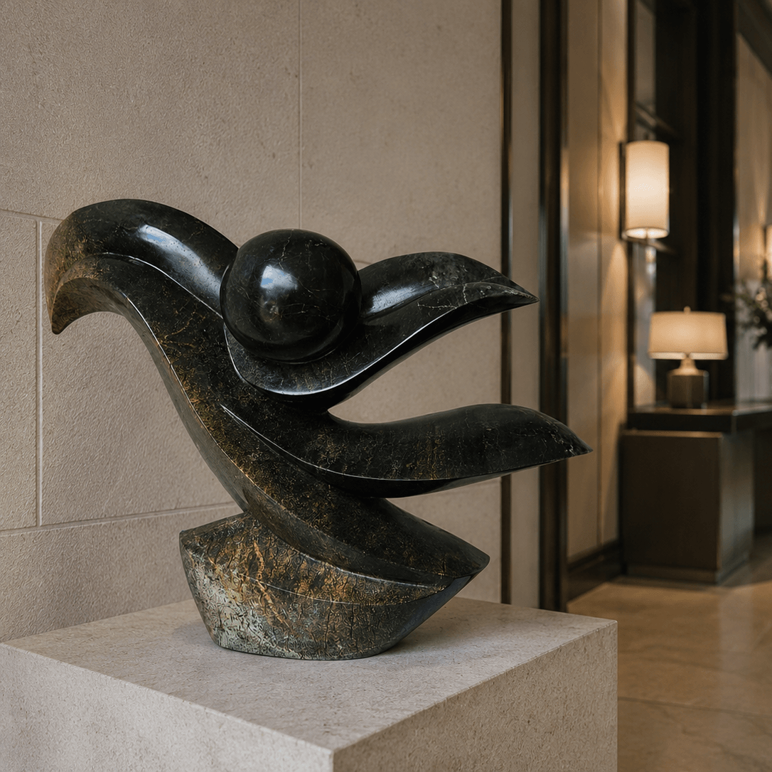 beautiful tactile sculpture sitting on a plinth in a contemporary hotel corridor