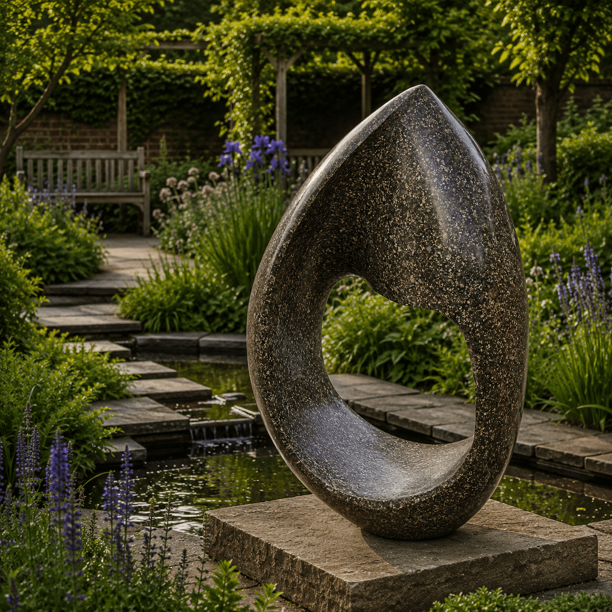 An abstract teardrop-shaped stone sculpture with a textured, speckled dark gray and brown finish, displayed on a stone base in a lush, green garden with a stone path and water feature.