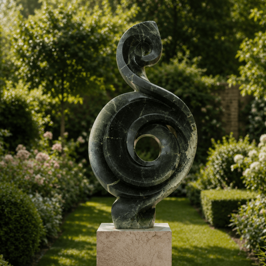 shona sculpture set in a modern london garden hand carved from serpentine stone
