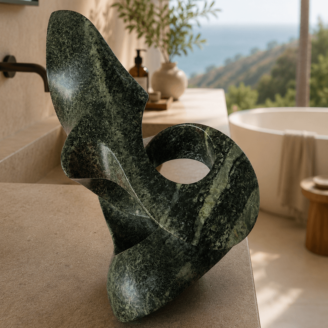 Sculpture situated on bathroom shelf with a view