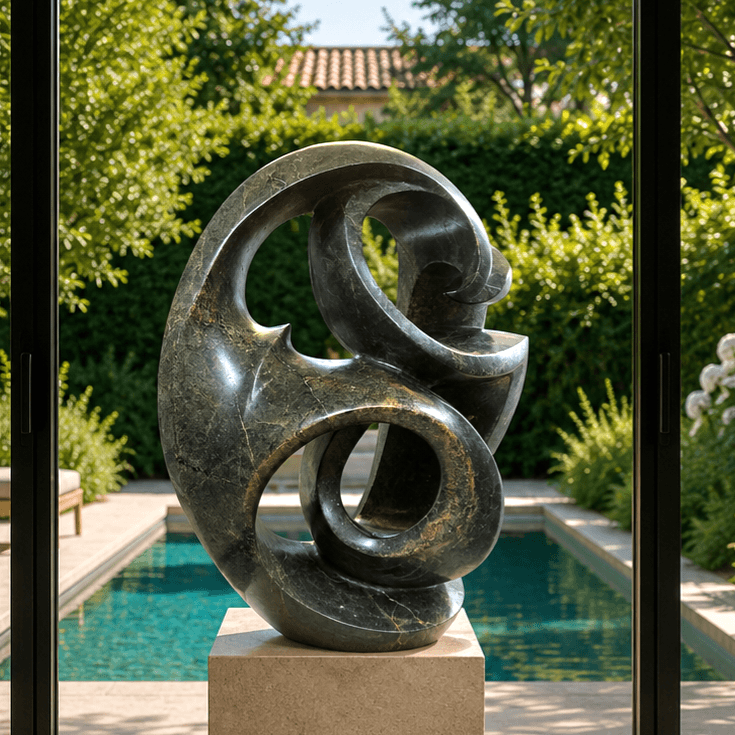 Hand Carved Zimbabwe sculpture in a contemporary garden setting
