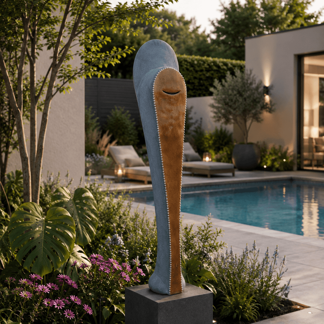 Decorative sculpture in a garden setting with a pool and modern building in the background