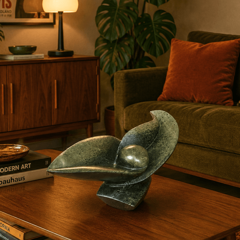 small sculpture set in a mid century design lounge on a coffee table